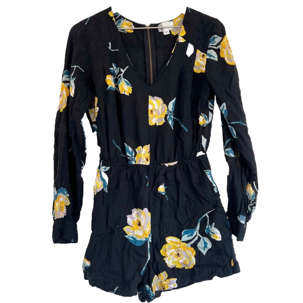 Volcom Black Floral Long-Sleeve Romper with Yellow & Blue Flowers